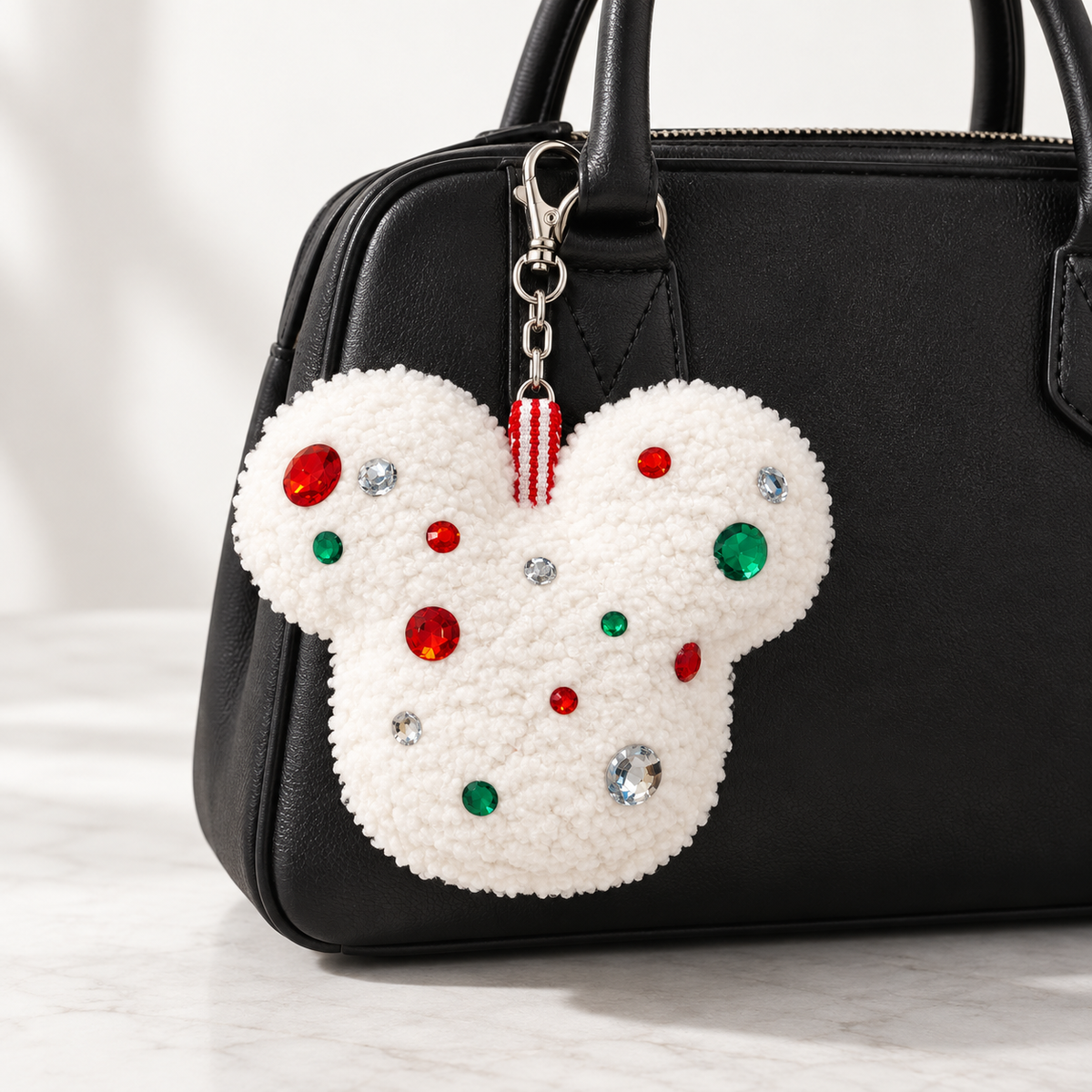 White Sherpa Mouse Bag Charm with Red, Green & Clear Gems | Handmade Holiday Purse Accessory