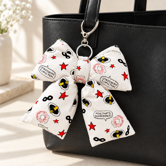 Incredibles-Themed Bow Bag Charm | Handmade Puffy Bow Keychain | Comic Print Purse Accessory