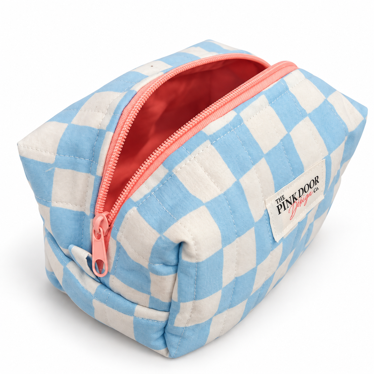 Blue Checkered Medium Boxy Makeup Bag – Handmade Quilted Cosmetic Pouch with Pink Zipper