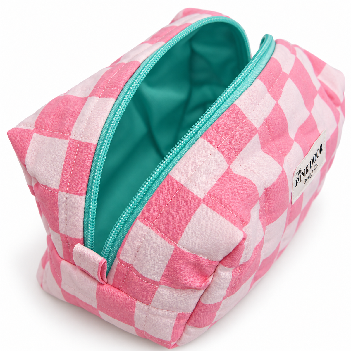 Pink Checkered Medium Boxy Makeup Bag – Handmade Quilted Cosmetic Pouch with Turquoise Lining