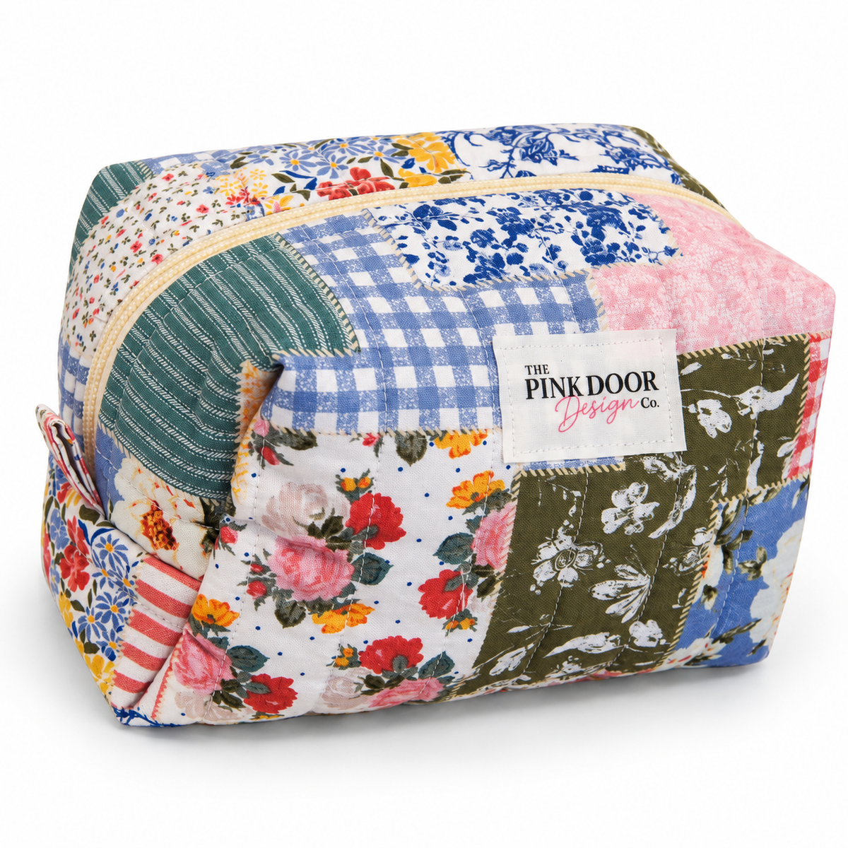 Floral Boho Patchwork Print Medium Boxy Makeup Bag – Handmade Quilted Cosmetic Pouch with Cream Zipper