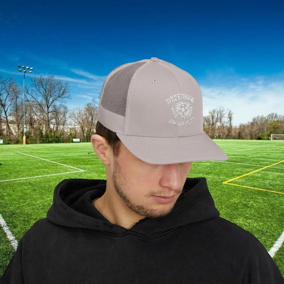 Defender Social Club Trucker Hat w/White Logo – Embroidered