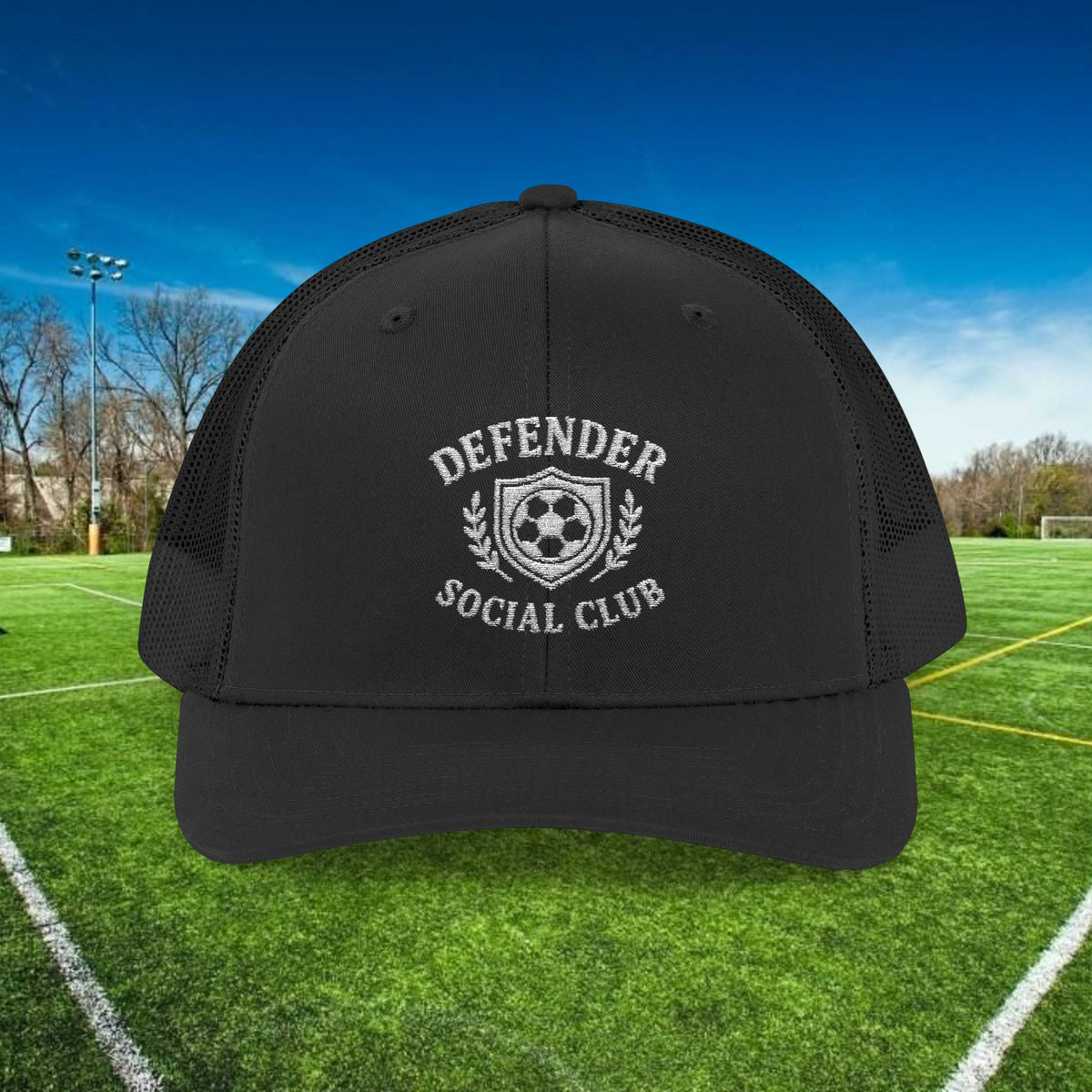 Defender Social Club Trucker Hat w/White Logo – Embroidered