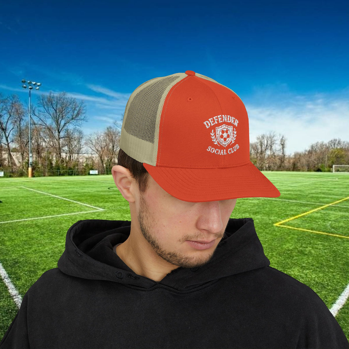Defender Social Club Trucker Hat w/White Logo – Embroidered