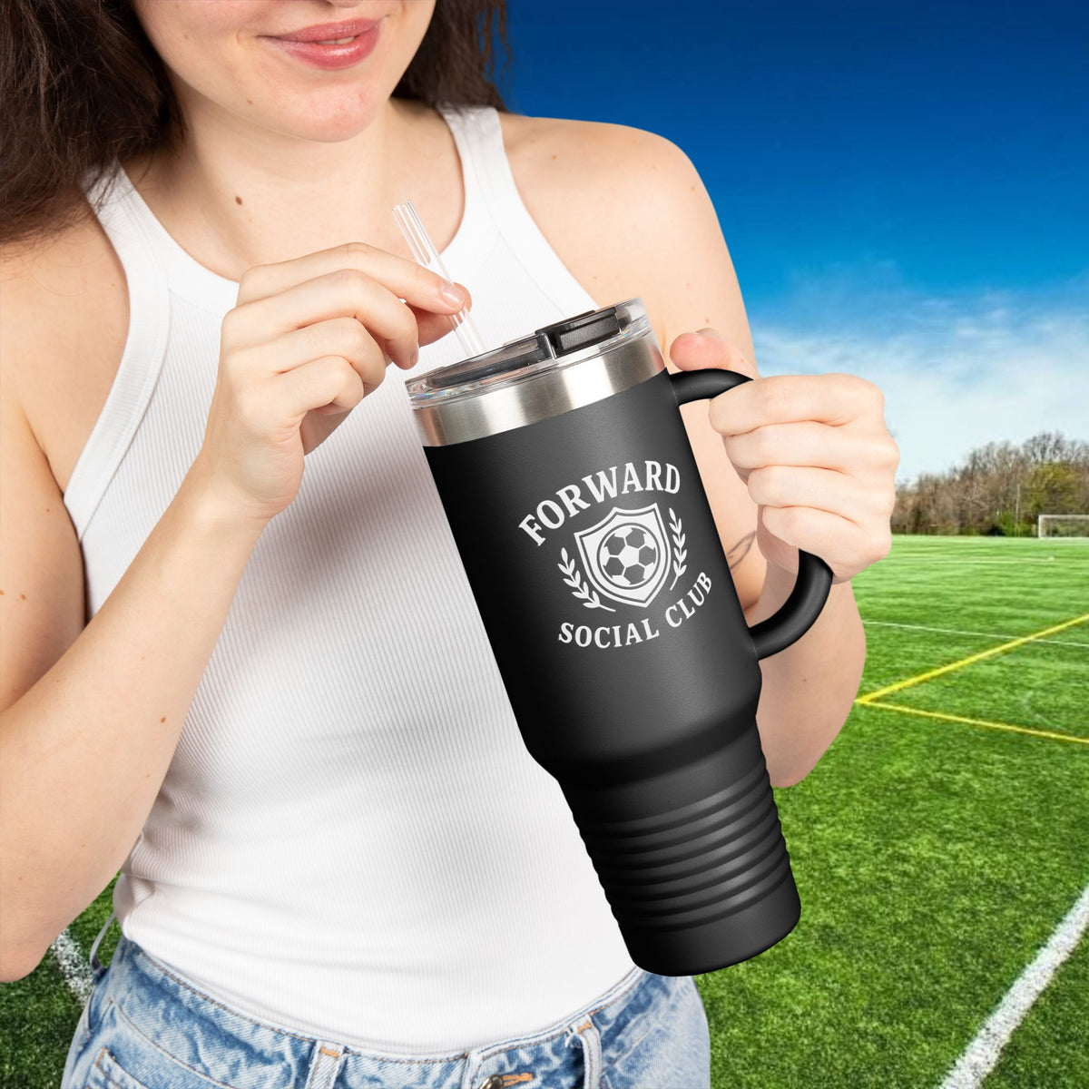 Forward Social Club in White - 40 oz Tumbler with Handle & Straw