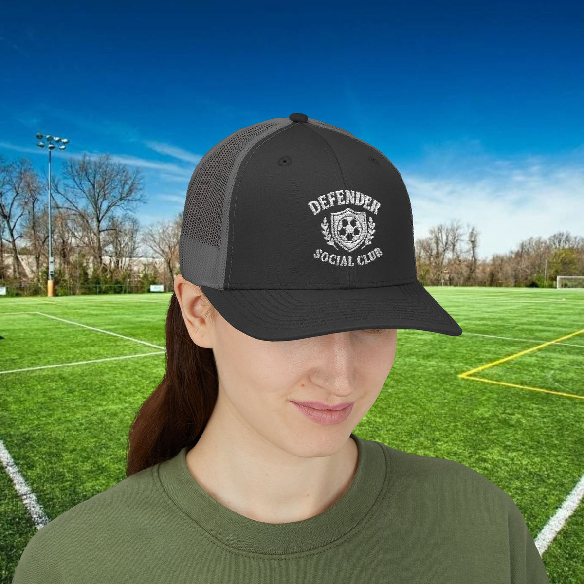 Defender Social Club Trucker Hat w/White Logo – Embroidered