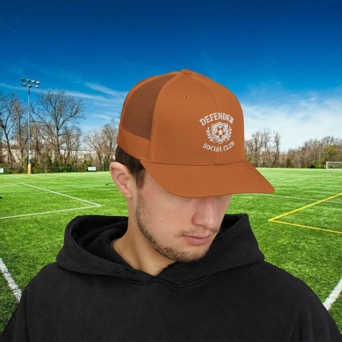 Defender Social Club Trucker Hat w/White Logo – Embroidered