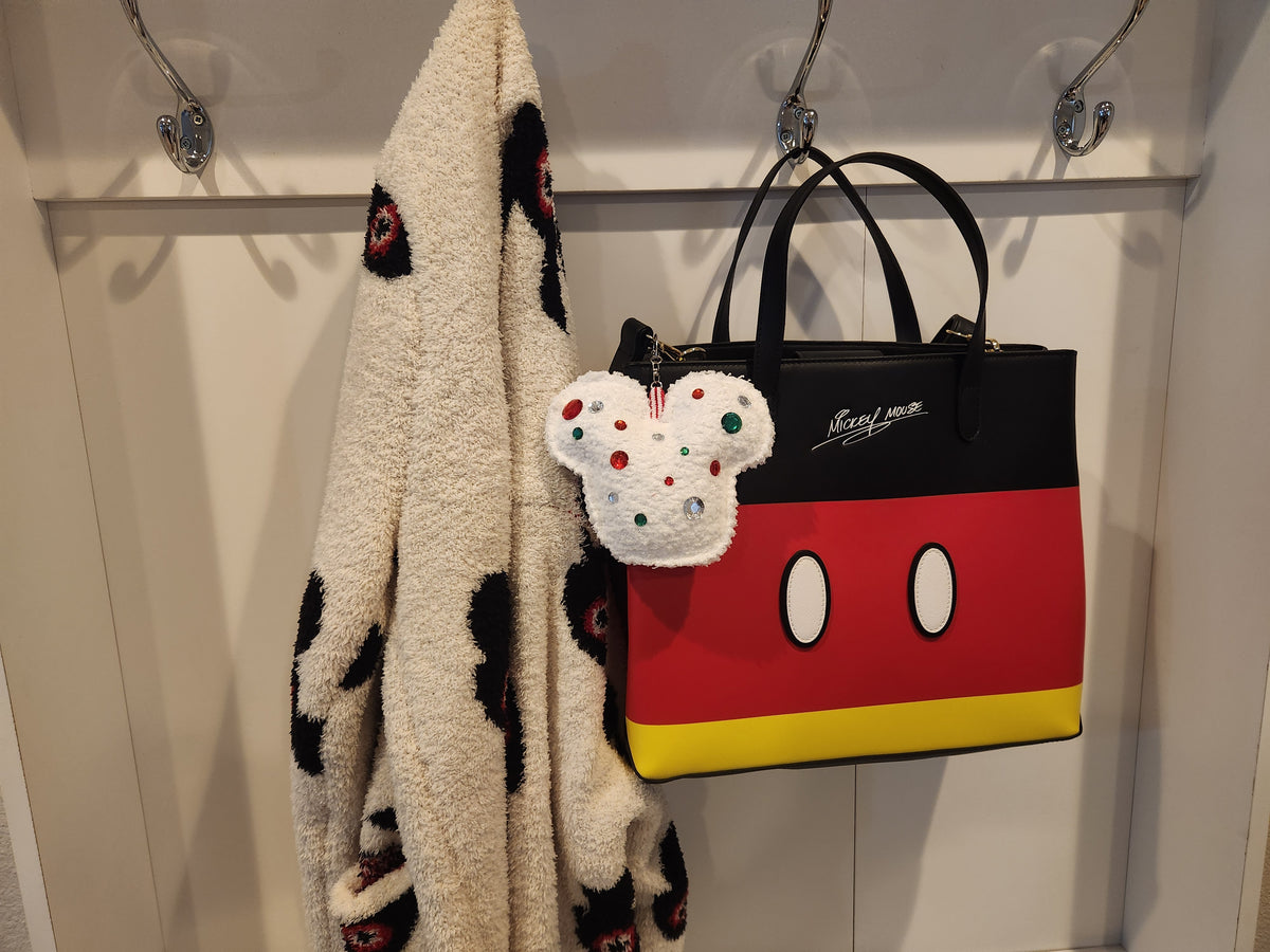 White Sherpa Mouse Bag Charm with Red, Green & Clear Gems | Handmade Holiday Purse Accessory