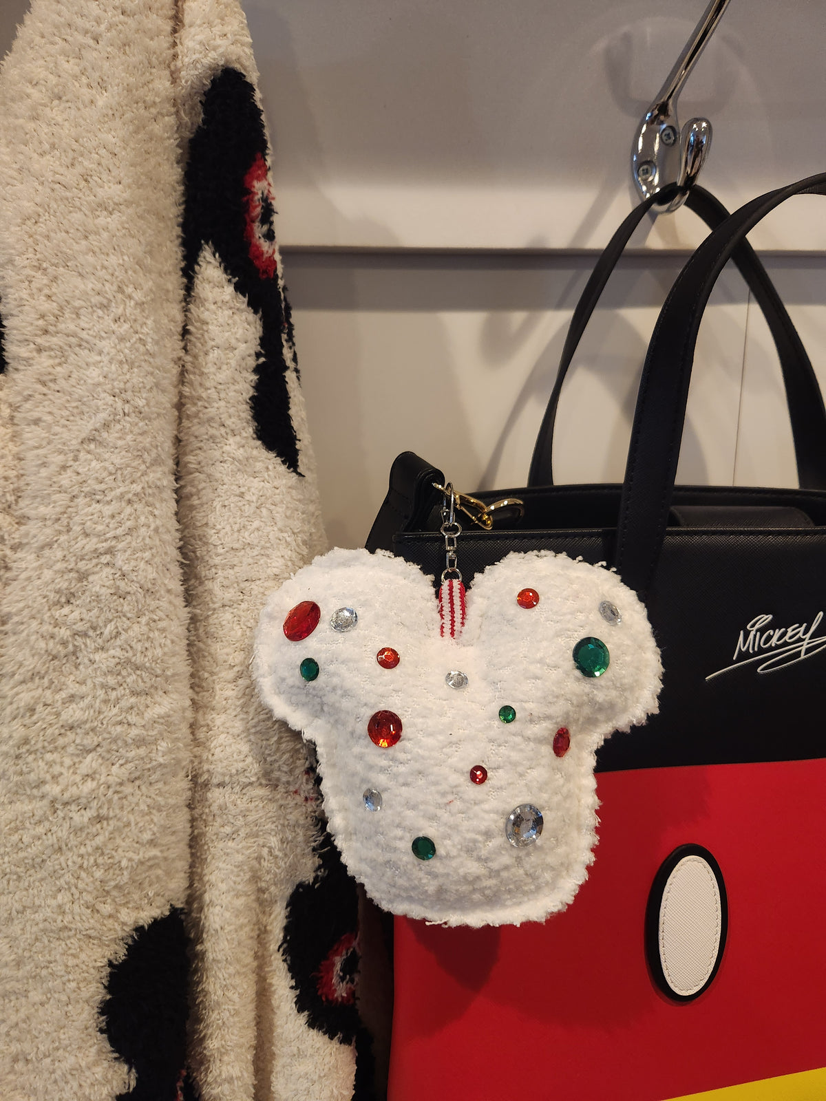 White Sherpa Mouse Bag Charm with Red, Green & Clear Gems | Handmade Holiday Purse Accessory