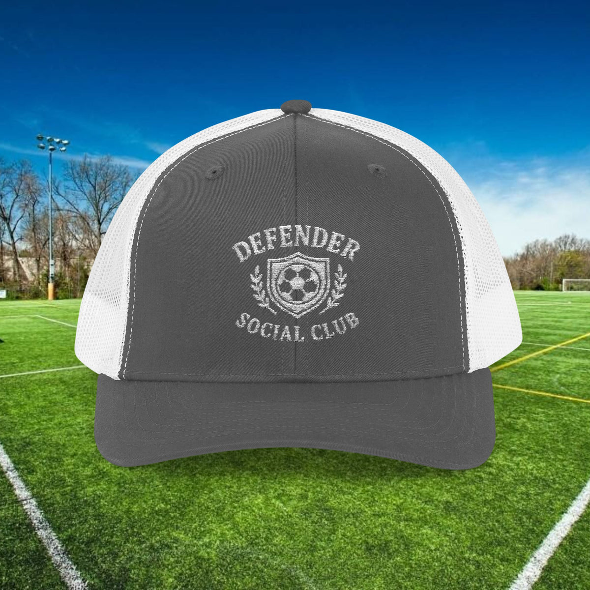 Defender Social Club Trucker Hat w/White Logo – Embroidered