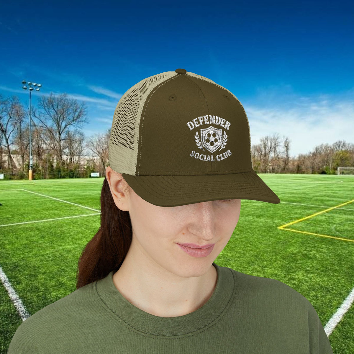 Defender Social Club Trucker Hat w/White Logo – Embroidered
