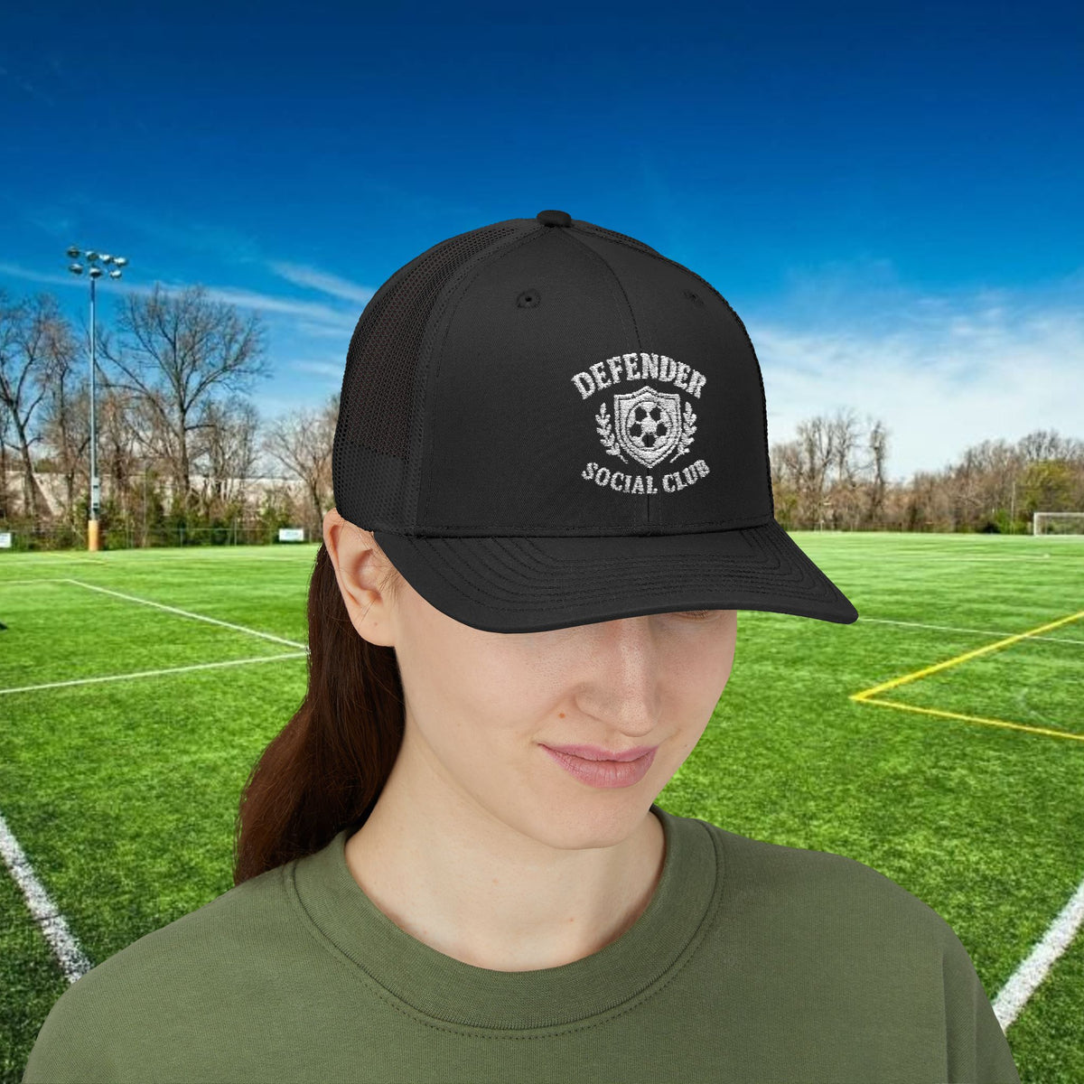 Defender Social Club Trucker Hat w/White Logo – Embroidered
