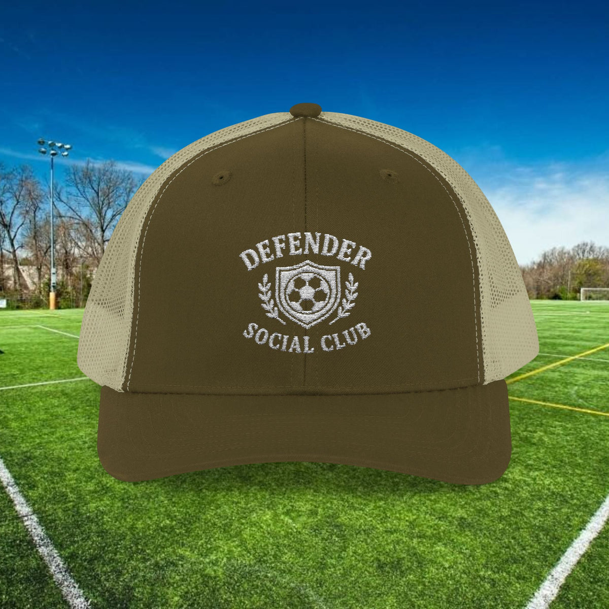 Defender Social Club Trucker Hat w/White Logo – Embroidered