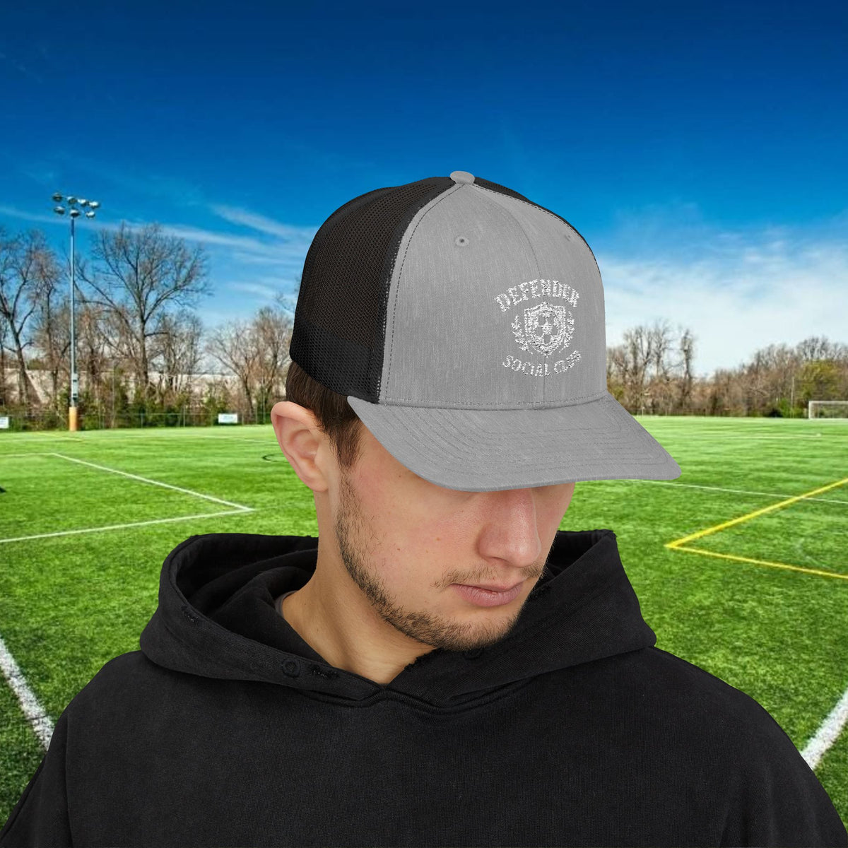 Defender Social Club Trucker Hat w/White Logo – Embroidered