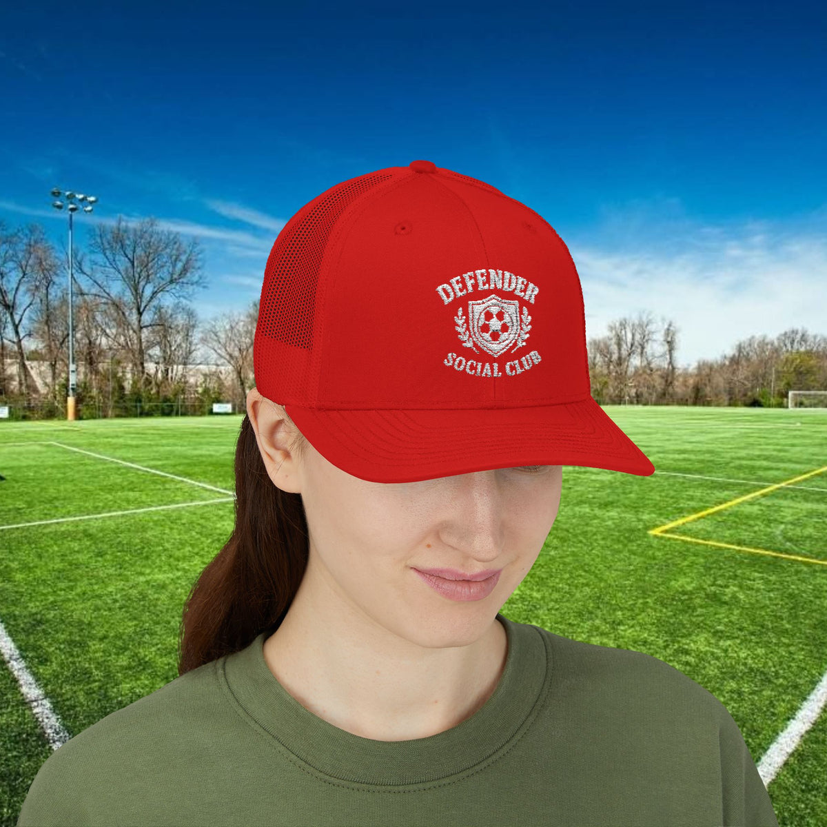 Defender Social Club Trucker Hat w/White Logo – Embroidered