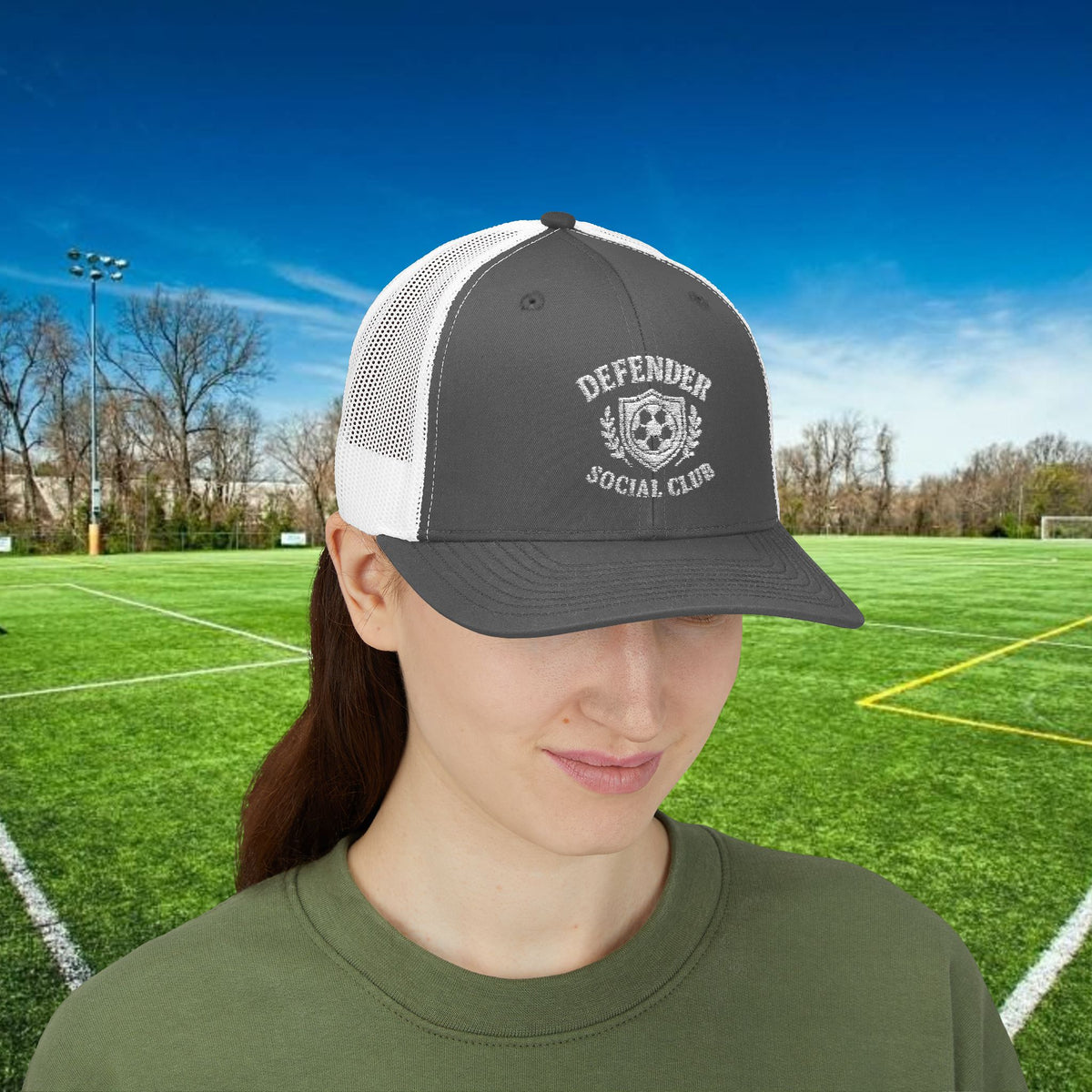 Defender Social Club Trucker Hat w/White Logo – Embroidered