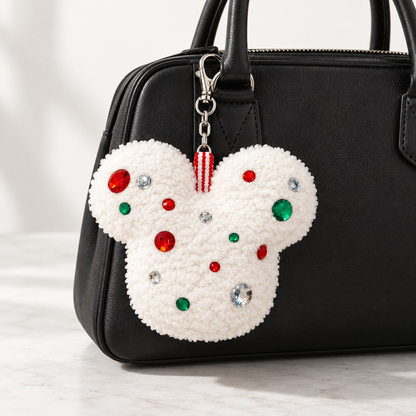 White Sherpa Mouse Bag Charm with Red, Green & Clear Gems | Handmade Holiday Purse Accessory
