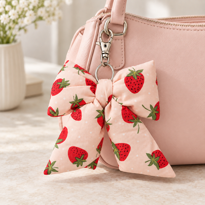 Pink Strawberry Bow Bag Charm | Handmade Puffy Purse & Backpack Keychain