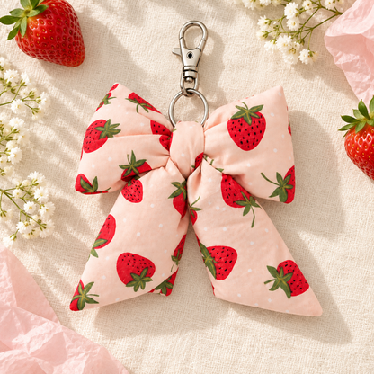 Pink Strawberry Bow Bag Charm | Handmade Puffy Purse & Backpack Keychain