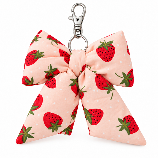 Pink Strawberry Bow Bag Charm | Handmade Puffy Purse & Backpack Keychain