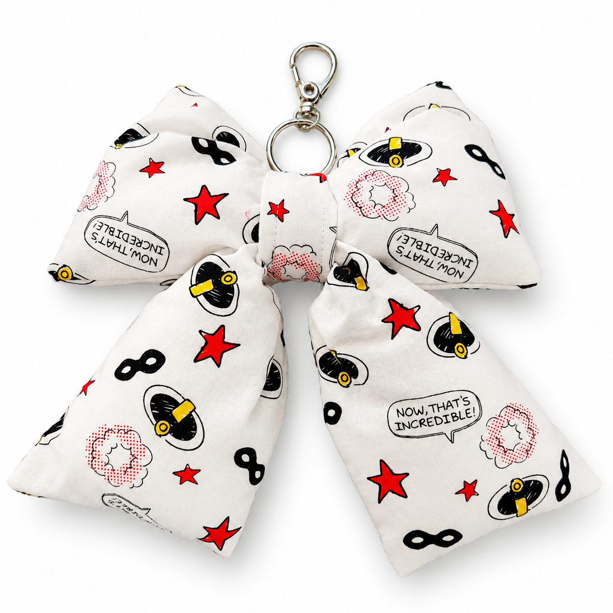 Incredibles-Themed Bow Bag Charm | Handmade Puffy Bow Keychain | Comic Print Purse Accessory
