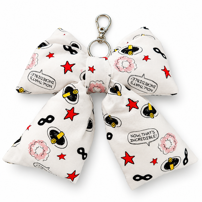 Incredibles-Themed Bow Bag Charm | Handmade Puffy Bow Keychain | Comic Print Purse Accessory