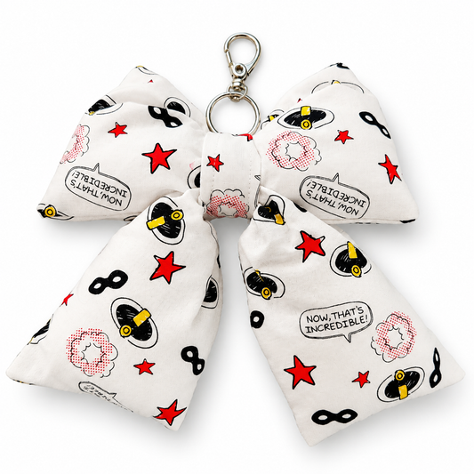 Incredibles-Themed Bow Bag Charm | Handmade Puffy Bow Keychain | Comic Print Purse Accessory