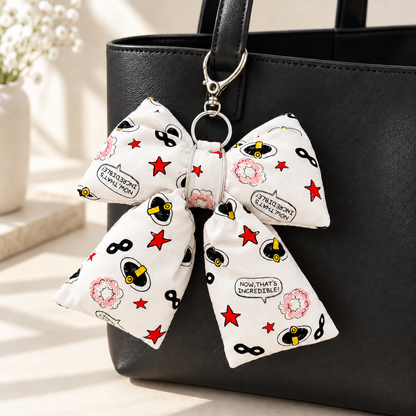 Incredibles-Themed Bow Bag Charm | Handmade Puffy Bow Keychain | Comic Print Purse Accessory