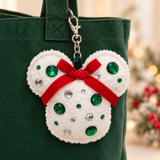 Handmade Christmas Sparkle Mouse Ear Bag Charm with Red Velvet Bow