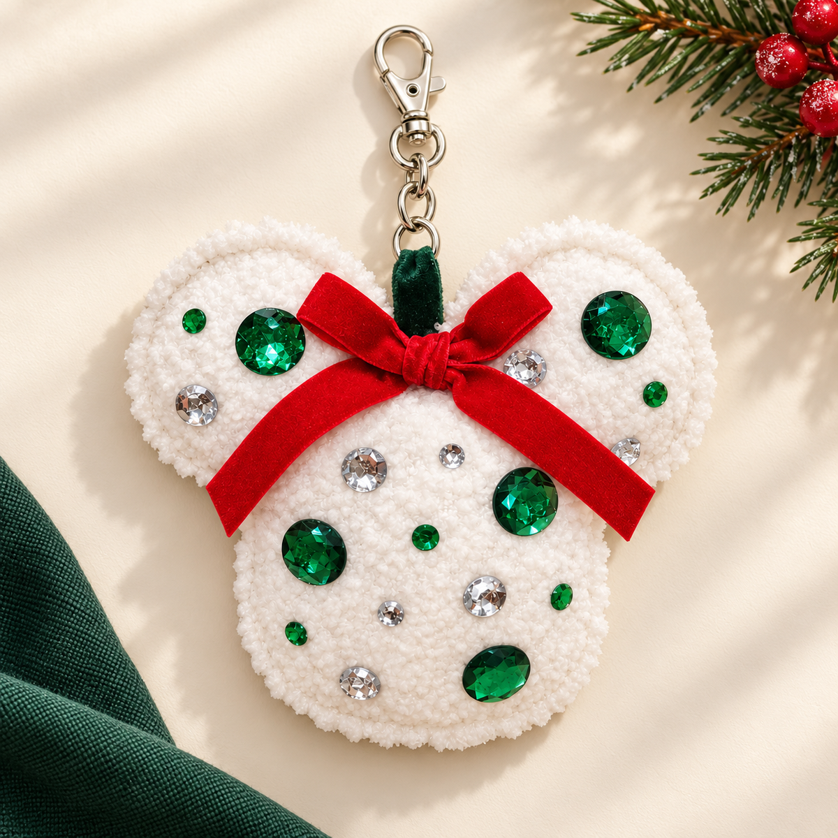 Handmade Christmas Sparkle Mouse Ear Bag Charm with Red Velvet Bow