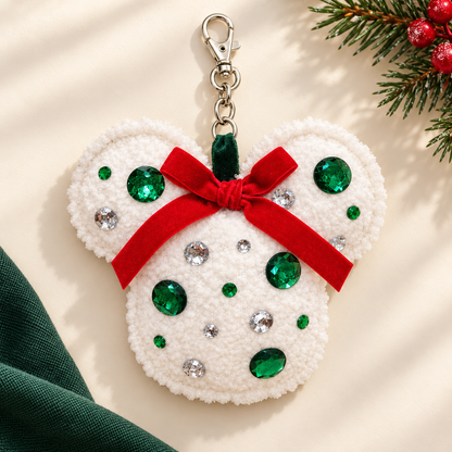 Handmade Christmas Sparkle Mouse Ear Bag Charm with Red Velvet Bow