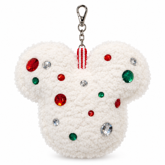 White Sherpa Mouse Bag Charm with Red, Green & Clear Gems | Handmade Holiday Purse Accessory