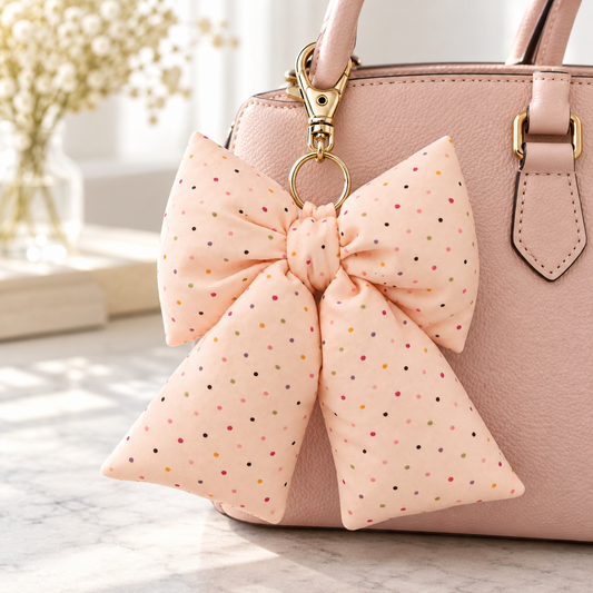 Light Pink Confetti Puffy Bow Bag Charm | Handmade Bow Keychain with Silver Clasp