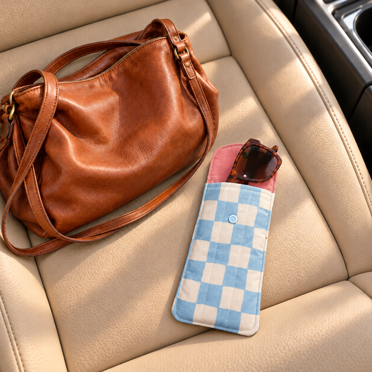 Blue Checkered Quilted Glasses & Sunglasses Case