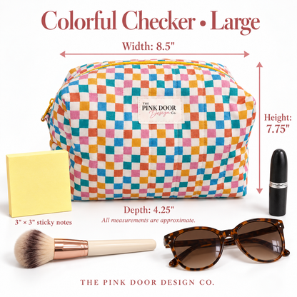 Multicolor Checkered Boxy Makeup Bag