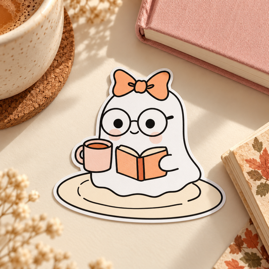 Cozy Reading Ghost Sticker with Bow
