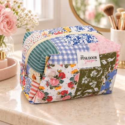 Floral Boho Patchwork Print Medium Boxy Makeup Bag – Handmade Quilted Cosmetic Pouch with Cream Zipper