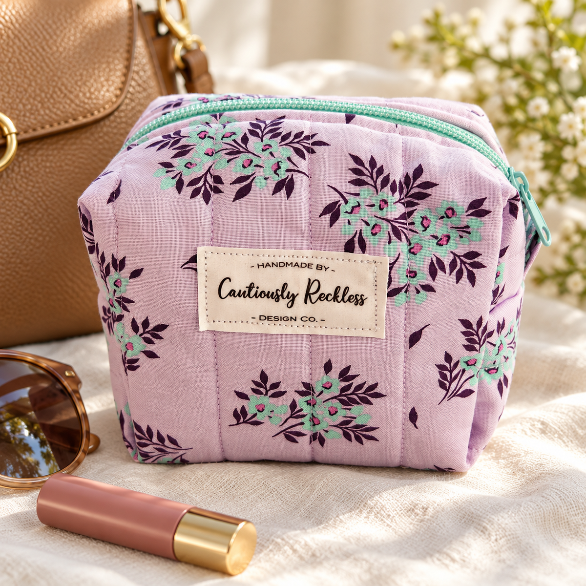 Lavender Floral Boxy Makeup Bag