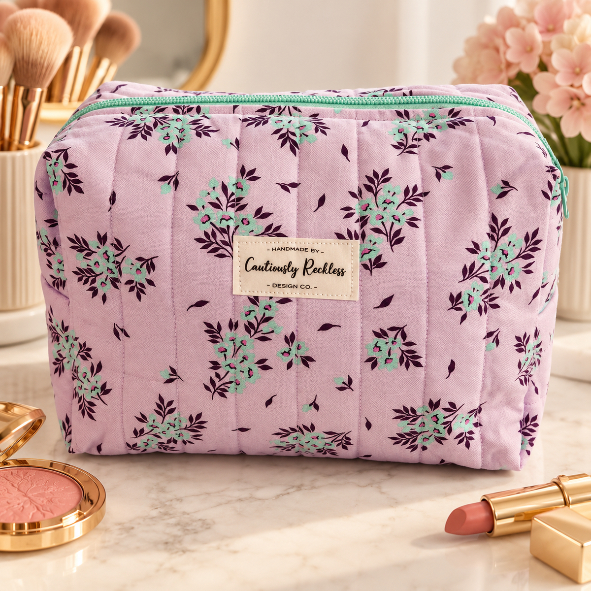 Lavender Floral Boxy Makeup Bag
