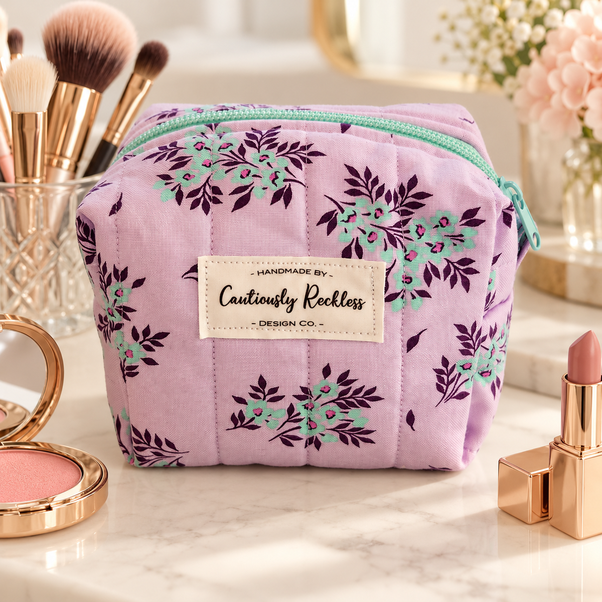 Lavender Floral Boxy Makeup Bag