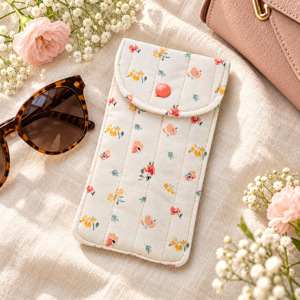 Ivory Floral Quilted Glasses & Sunglasses Case