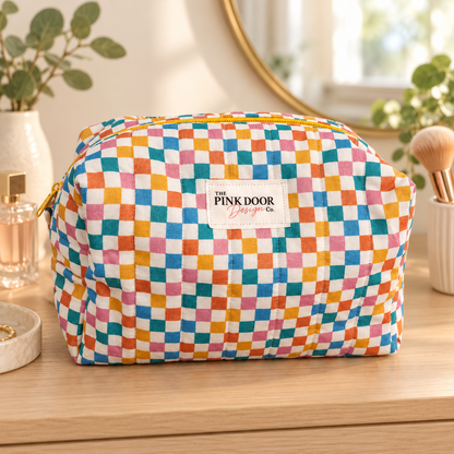 Multicolor Checkered Boxy Makeup Bag