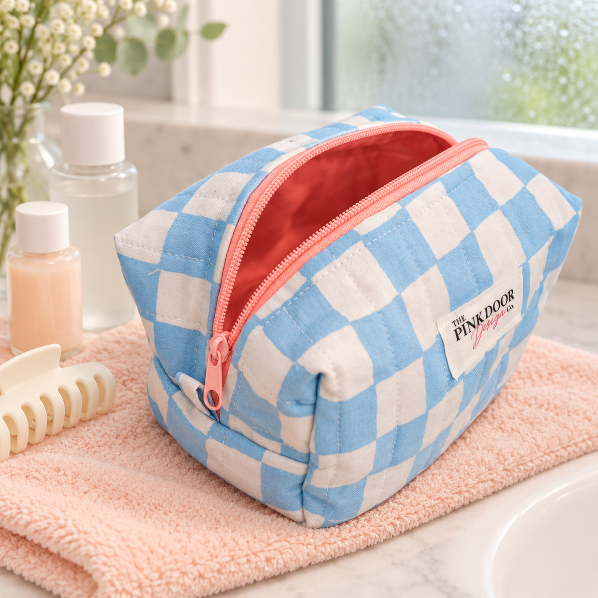 Blue Checkered Medium Boxy Makeup Bag – Handmade Quilted Cosmetic Pouch with Pink Zipper