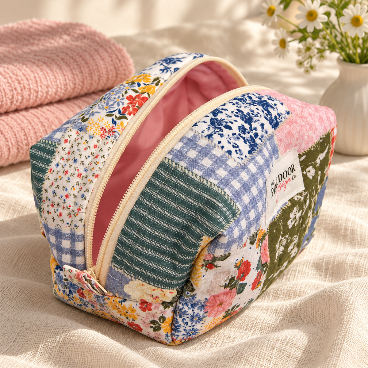 Blue Checkered Medium Boxy Makeup Bag – Handmade Quilted Cosmetic Pouch with Pink Zipper