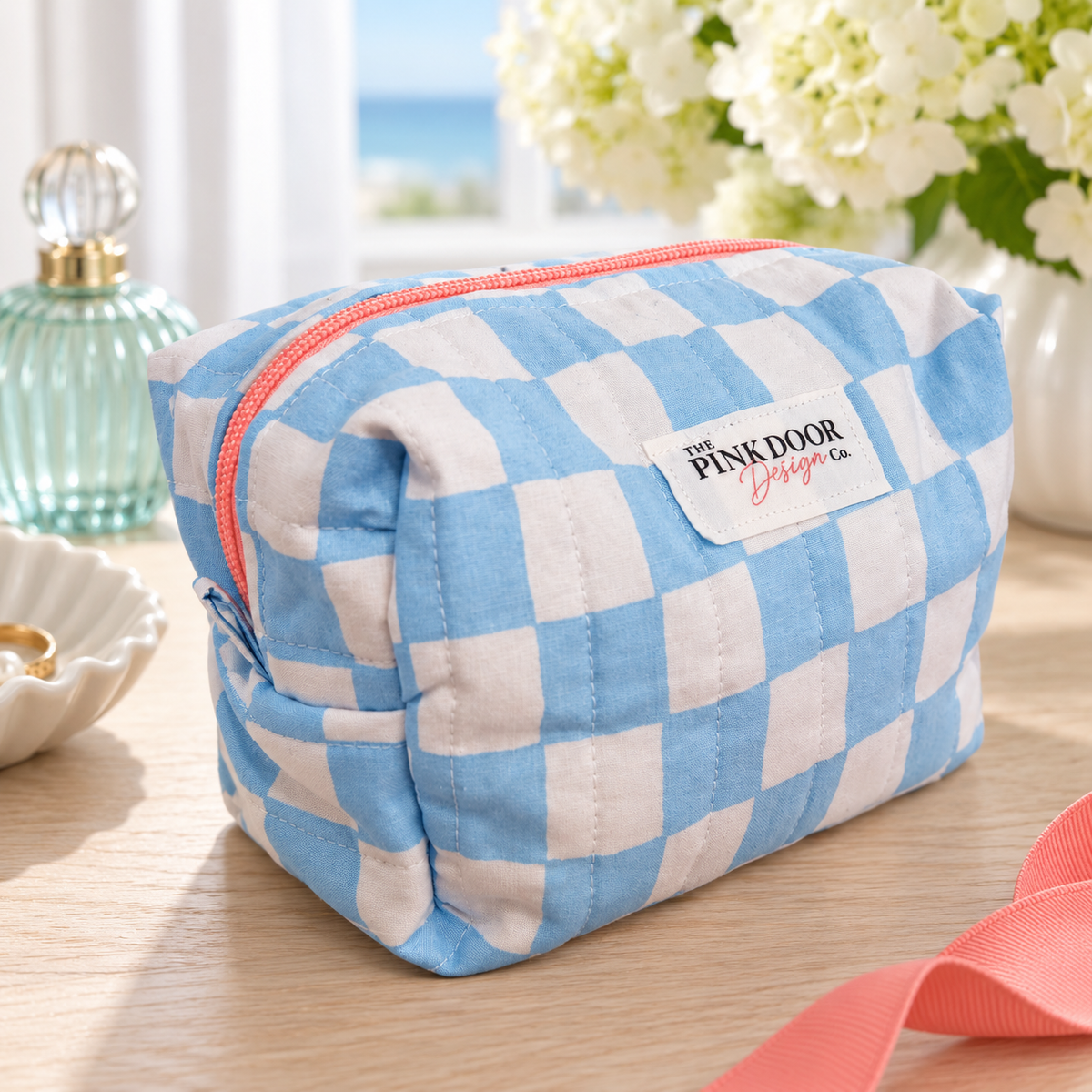 Blue Checkered Medium Boxy Makeup Bag – Handmade Quilted Cosmetic Pouch with Pink Zipper