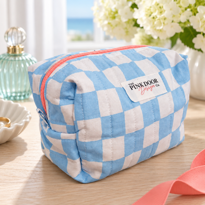 Blue Checkered Medium Boxy Makeup Bag – Handmade Quilted Cosmetic Pouch with Pink Zipper