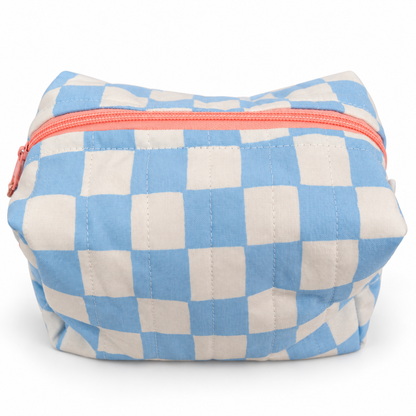 Blue Checkered Medium Boxy Makeup Bag – Handmade Quilted Cosmetic Pouch with Pink Zipper