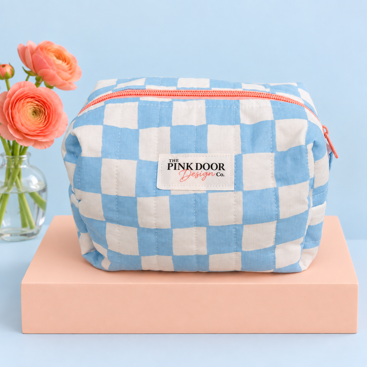 Blue Checkered Medium Boxy Makeup Bag – Handmade Quilted Cosmetic Pouch with Pink Zipper