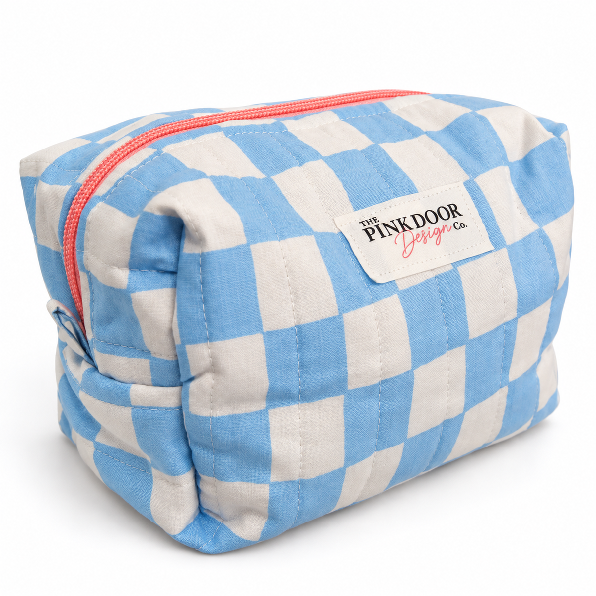 Blue Checkered Medium Boxy Makeup Bag – Handmade Quilted Cosmetic Pouch with Pink Zipper