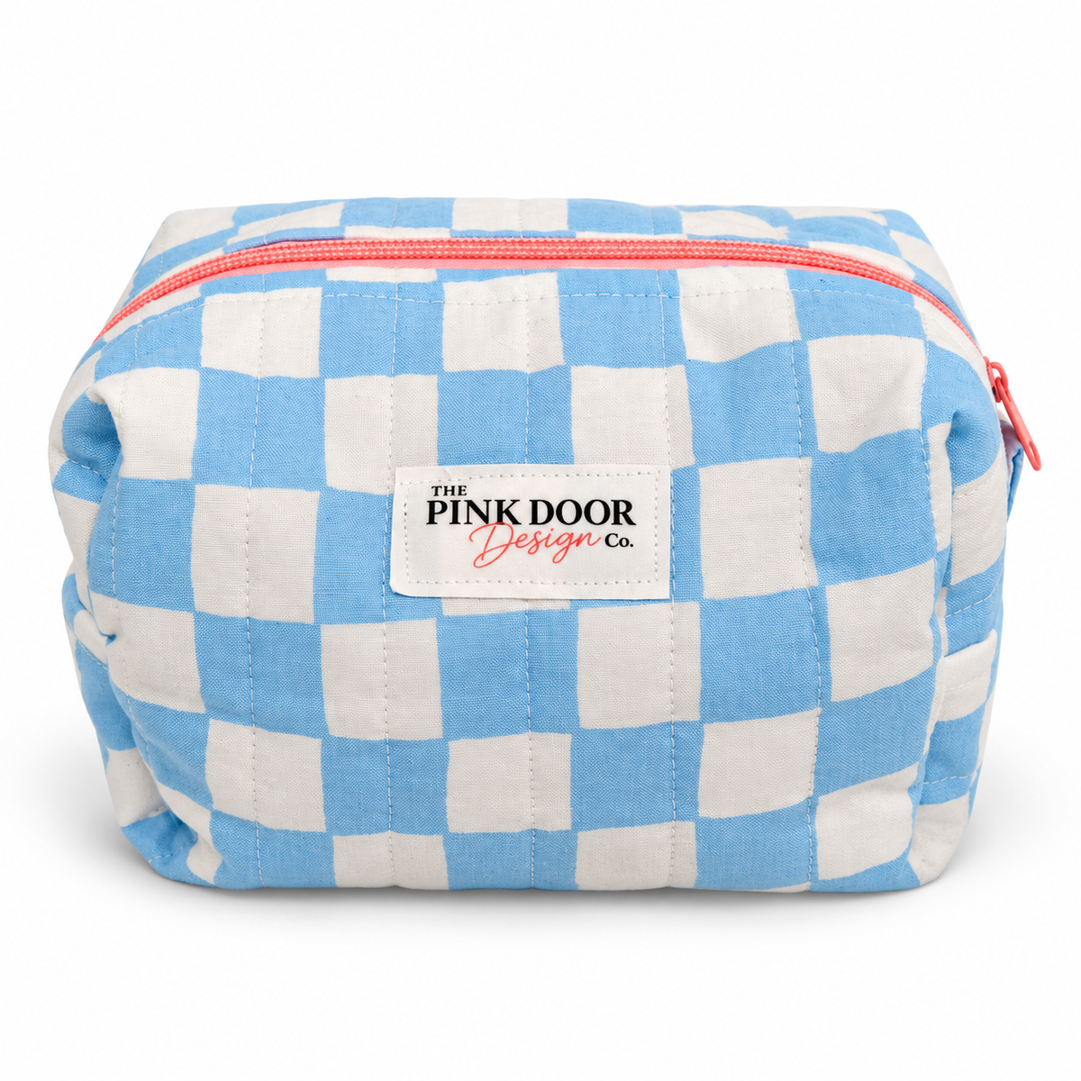Blue Checkered Medium Boxy Makeup Bag – Handmade Quilted Cosmetic Pouch with Pink Zipper